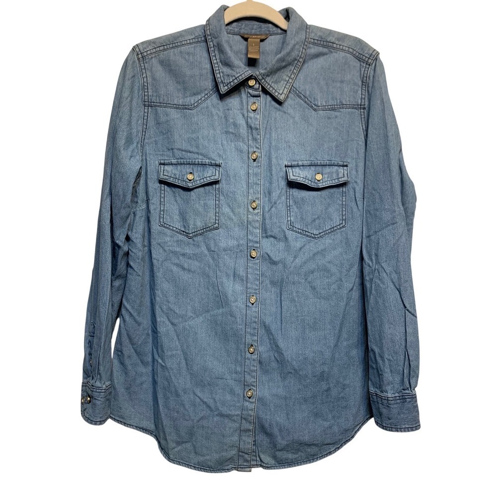 Bit & Bridle Women Light Denim Pearl button Shirt Cowgirl Rodeo Western Large